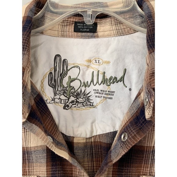 BULLHEAD Pearl Snap Mens Long Sleeve Brown Plaid Flannel Shirt - Size XL - Picture 4 of 9